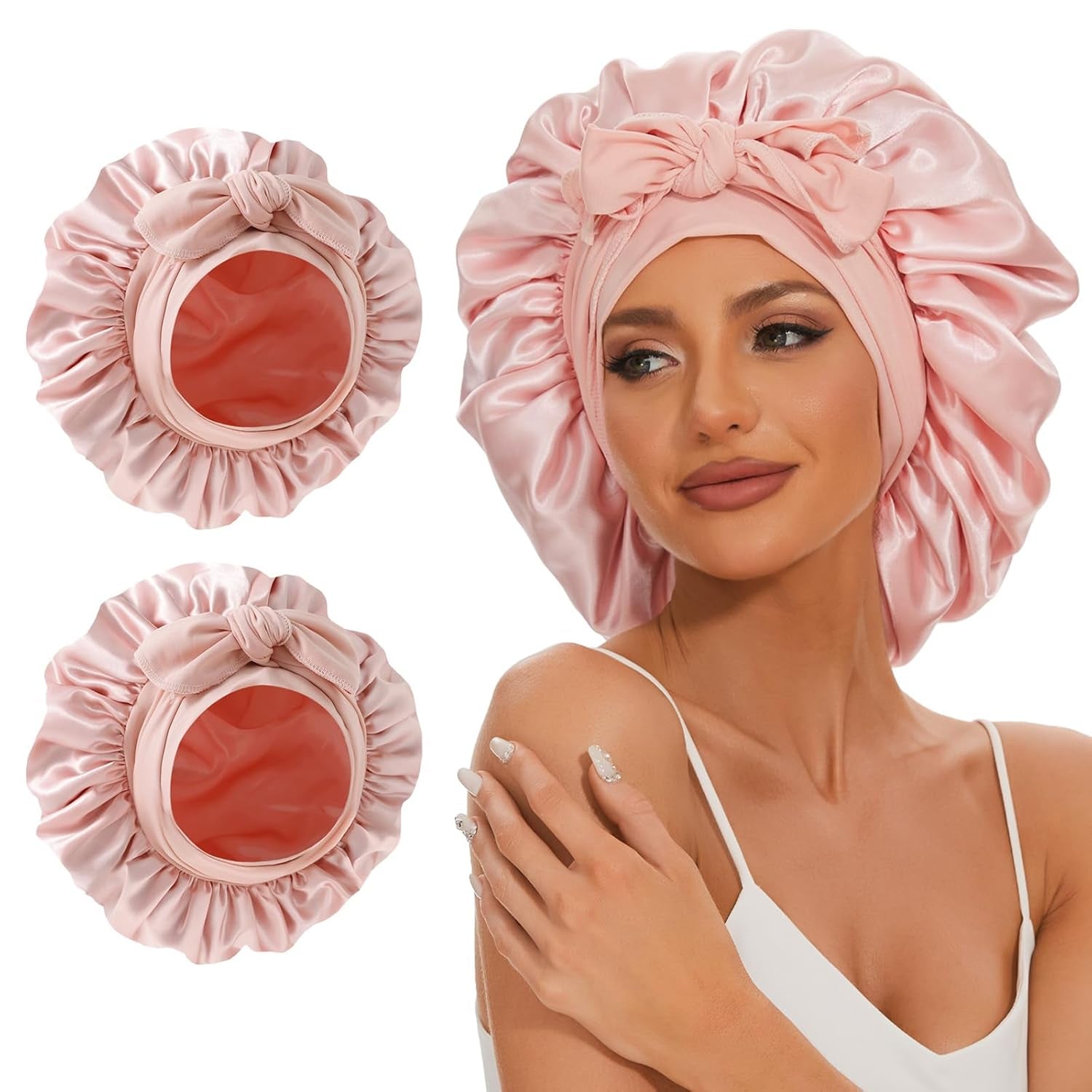 2PCS Satin Silk Bonnet for Sleeping Women, Extra Double Layer Satin Bonnet for Sleeping with Adjustable Tie Band, Silk Bonnet for Curly Hair Long Braid (Pink) Shower Cap