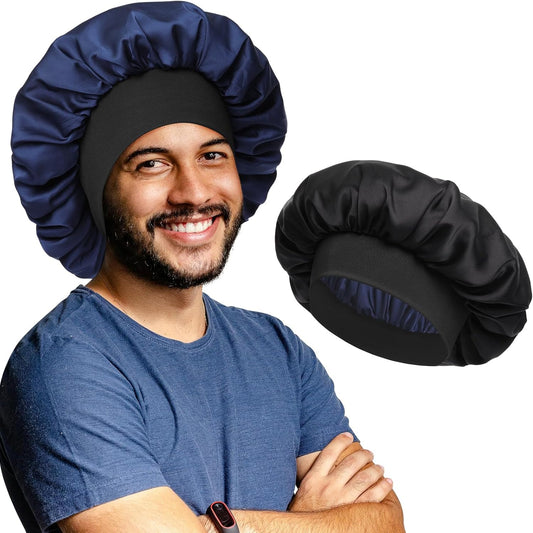 Satin Bonnet for Men Sleeping 2 Layer Silk Hair Bonnets with Wide Band Reversible Nightcap for Unisex Sleep Cap Hair Wrap