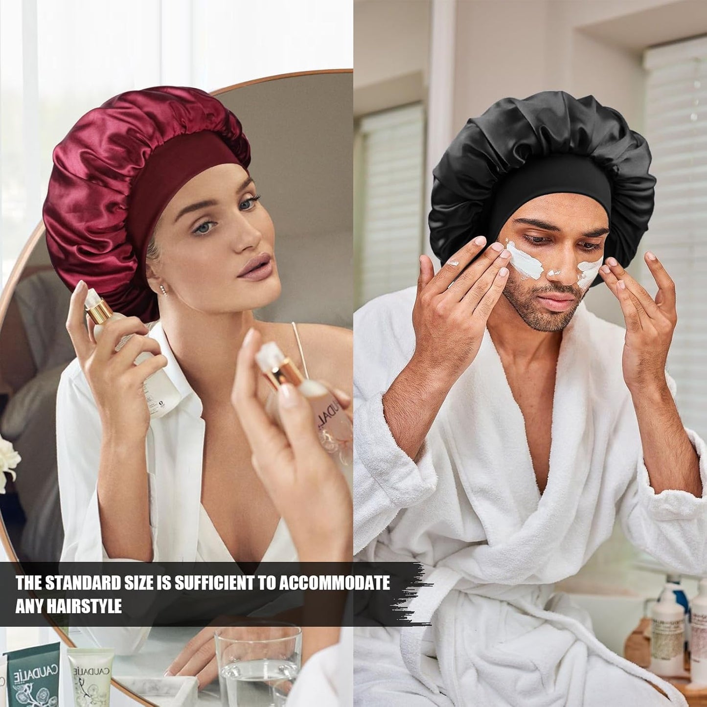Satin Silk Bonnet for Sleeping, Double Layer Silk Sleep Cap for Men & Women, Soft Satin Lined Bonnet for Natural & Curly Hair(Black)