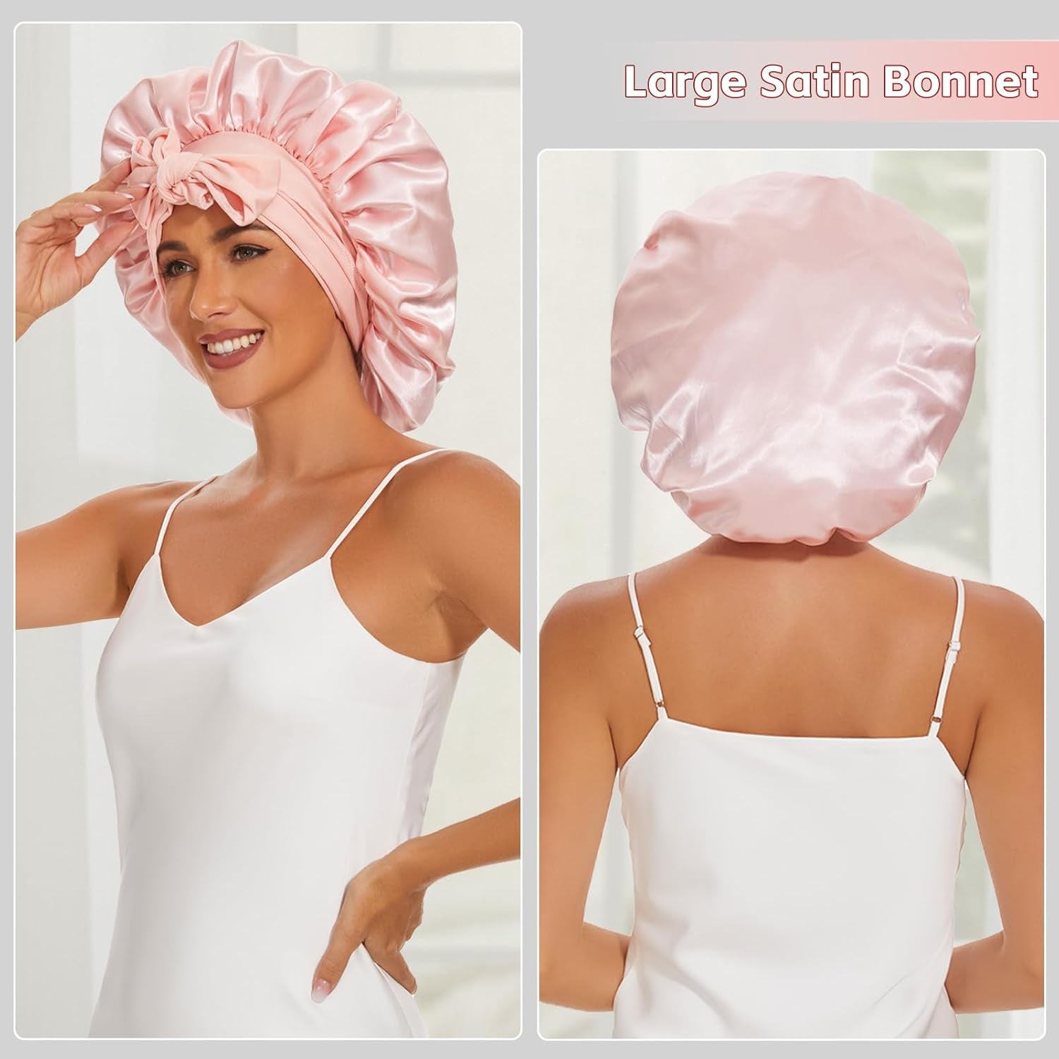 2PCS Satin Silk Bonnet for Sleeping Women, Extra Double Layer Satin Bonnet for Sleeping with Adjustable Tie Band, Silk Bonnet for Curly Hair Long Braid (Pink) Shower Cap