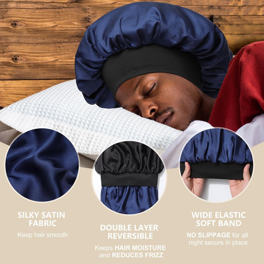 Satin Bonnet for Men Sleeping 2 Layer Silk Hair Bonnets with Wide Band Reversible Nightcap for Unisex Sleep Cap Hair Wrap