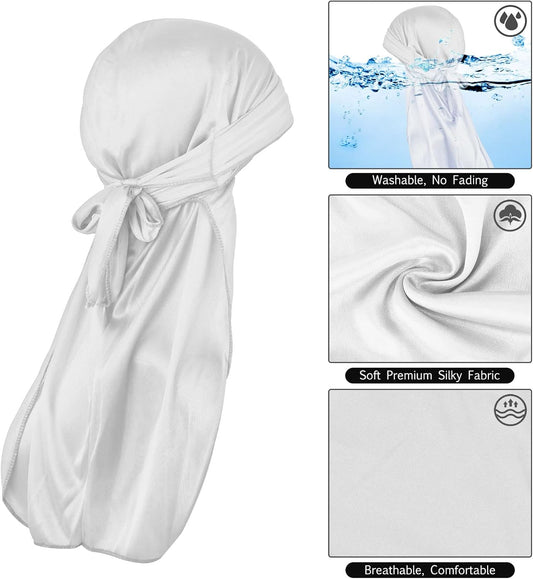 Silk Durag Long Tail Durag Breathable Pirate Headwraps Cap for 360 Waves Soft Bandana Turban Hat Hair Loss Chemo Cap