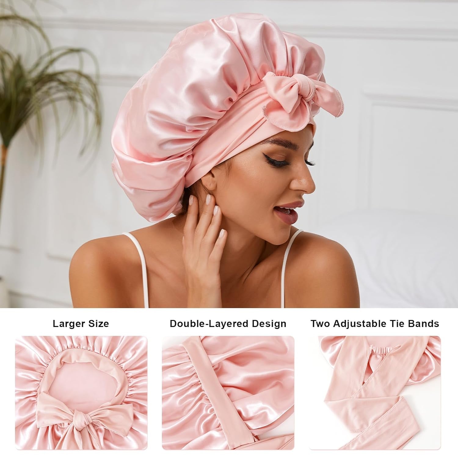 2PCS Satin Silk Bonnet for Sleeping Women, Extra Double Layer Satin Bonnet for Sleeping with Adjustable Tie Band, Silk Bonnet for Curly Hair Long Braid (Pink) Shower Cap